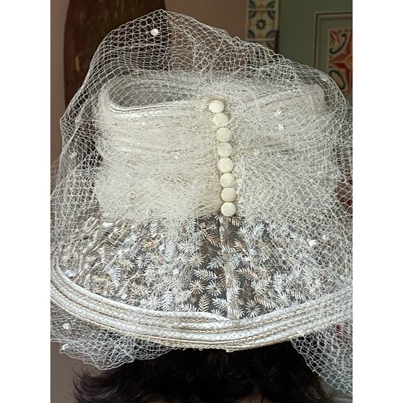 Kokin Bucket Straw Veil Ivory Floral Embroidery Net Vintage Bridal Lunch Hat - Picture 7 of 9